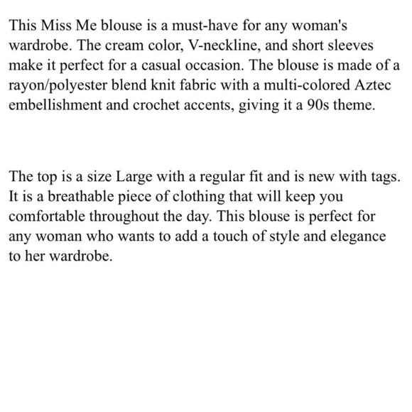 Miss Me Aztec Embellished Top Shirt Blouse Cream Ivory Size Large Casual - Picture 5 of 5